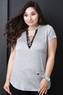 Distressed Jersey Knit Choker Neck Lace Up Top - NoveltyOne