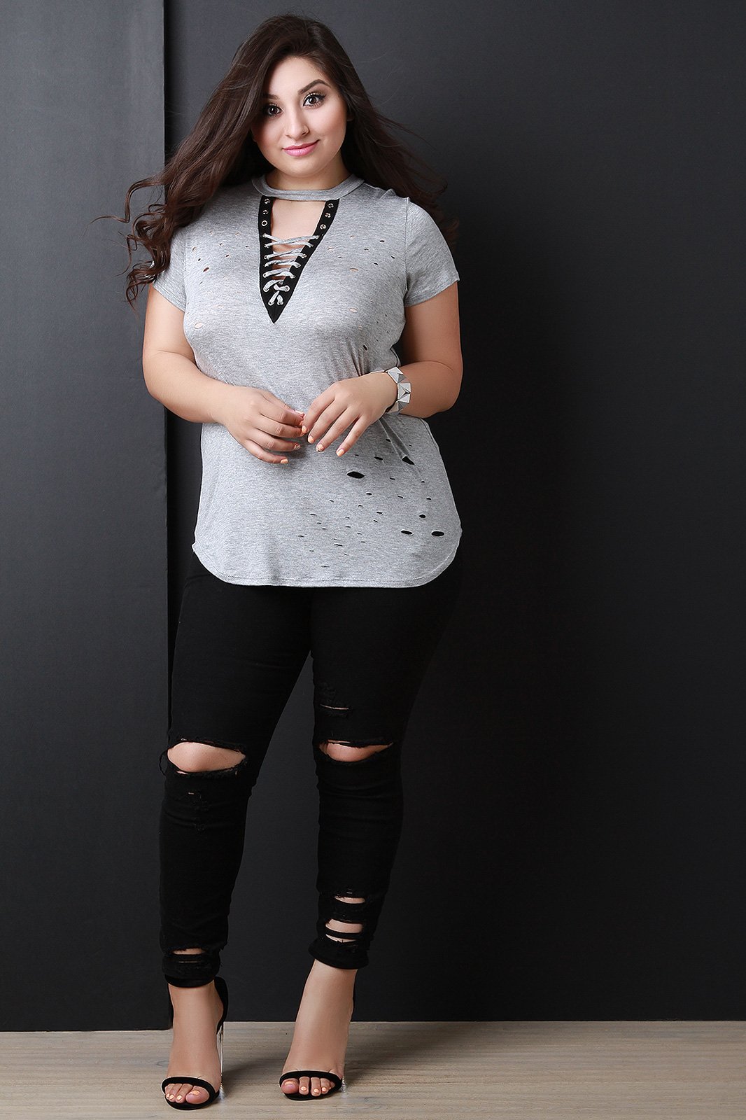 Distressed Jersey Knit Choker Neck Lace Up Top - NoveltyOne