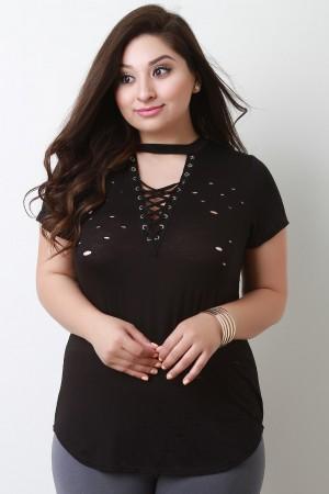 Distressed Jersey Knit Choker Neck Lace Up Top - NoveltyOne