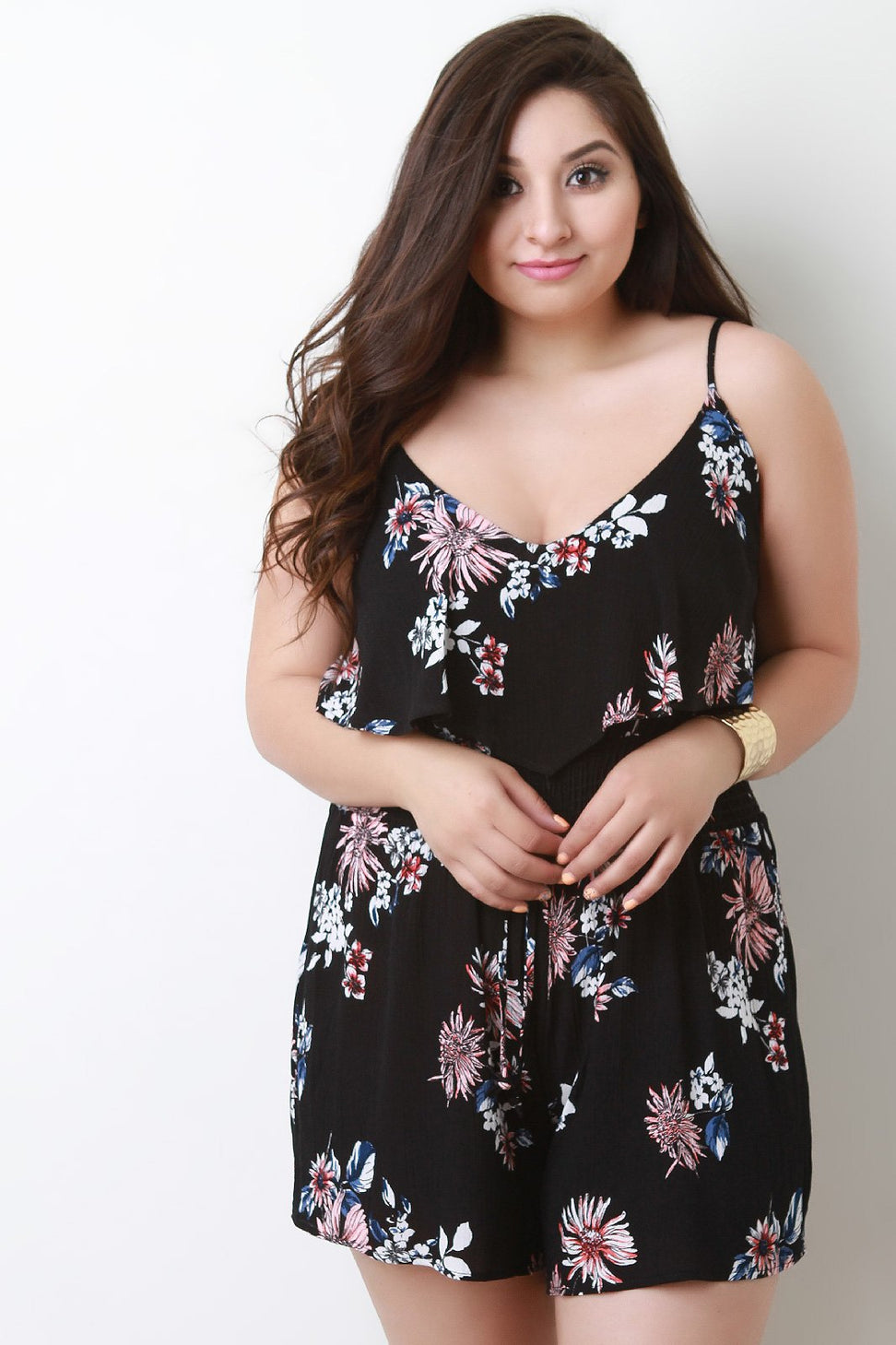 V-Neck Flutter Tiered Smocked Floral Romper