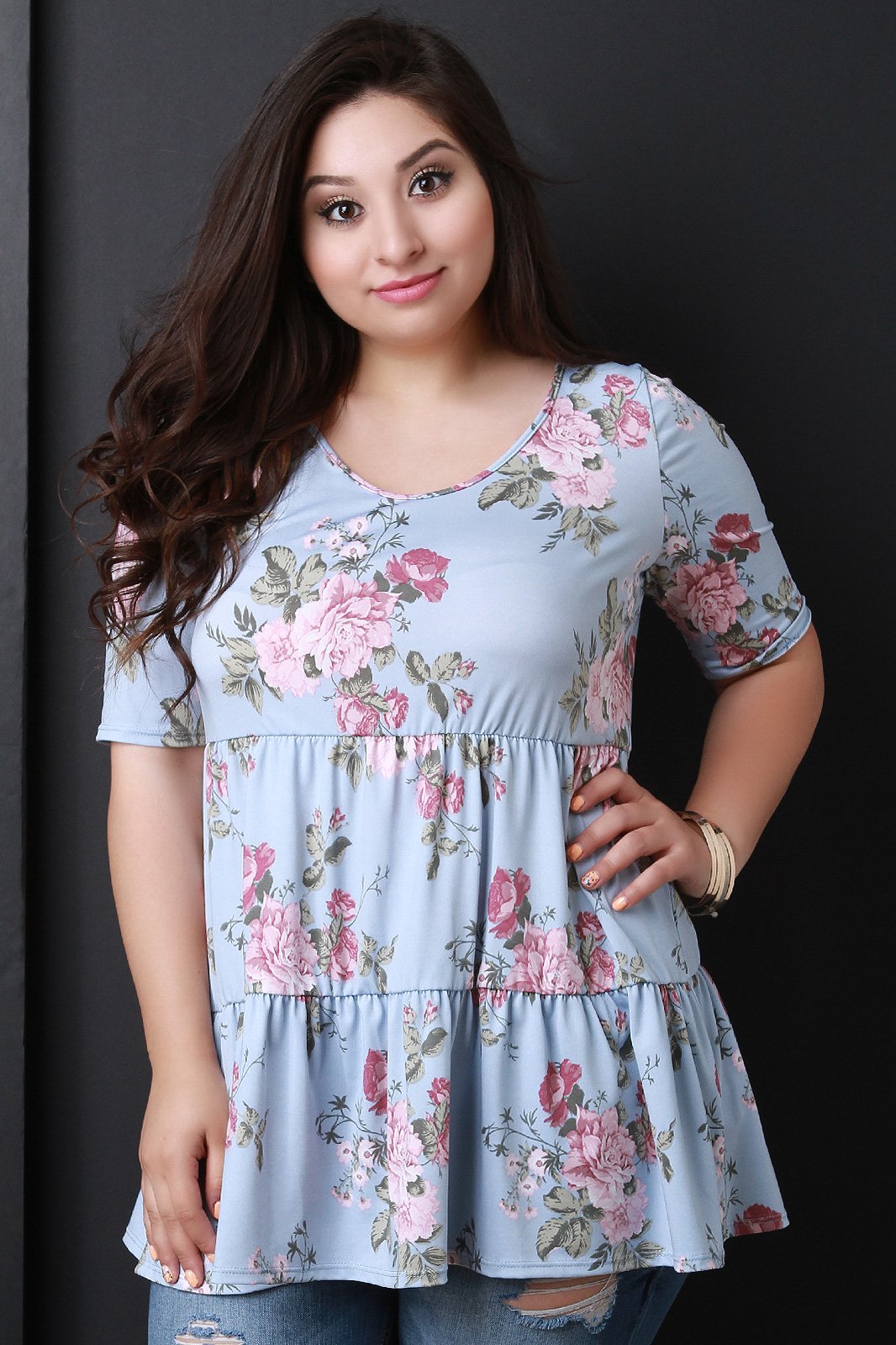 Floral Scooped Neck Tiered Relaxed Top