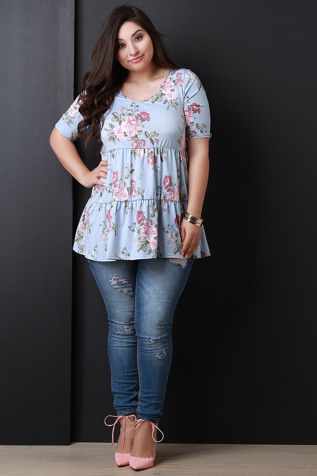 Floral Scooped Neck Tiered Relaxed Top
