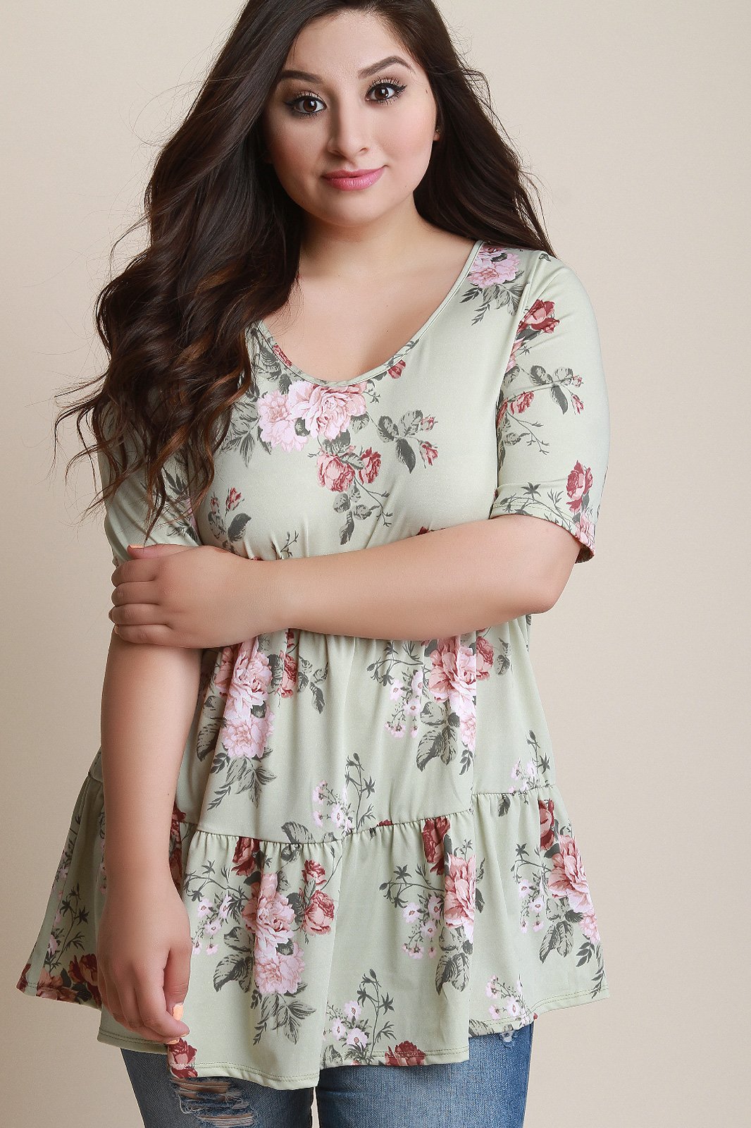 Floral Scooped Neck Tiered Relaxed Top