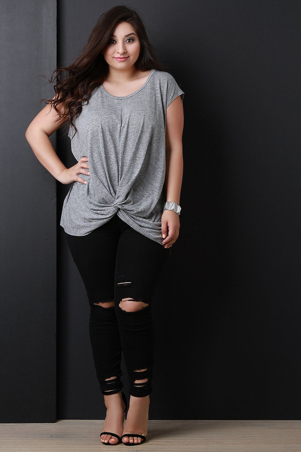 Marled Knit Knotted Twist Cap Sleeve Top