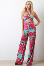 Tropical Leaf Self-Tie Tube Top With High Rise Pants Set