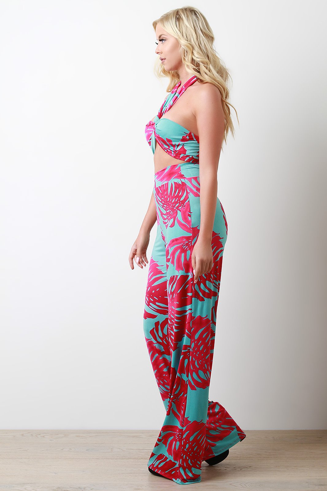 Tropical Leaf Self-Tie Tube Top With High Rise Pants Set