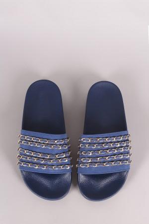 Nubuck Chain Embellished Open Toe Slide Sandal - NoveltyOne