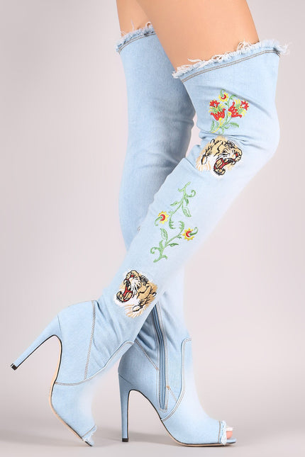 Frayed Denim Peep Toe Stiletto Over-The-Knee Boots - NoveltyOne