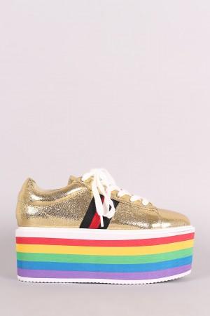 Rainbow Stripe Lace Up Flatform Sneaker