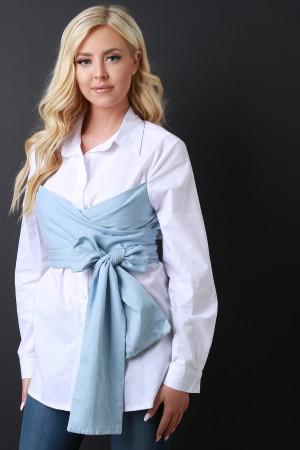 Button Up Self-Tie Waist Collared Top