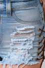 Distressed Lace-Up High Rise Frayed Denim Shorts - NoveltyOne
