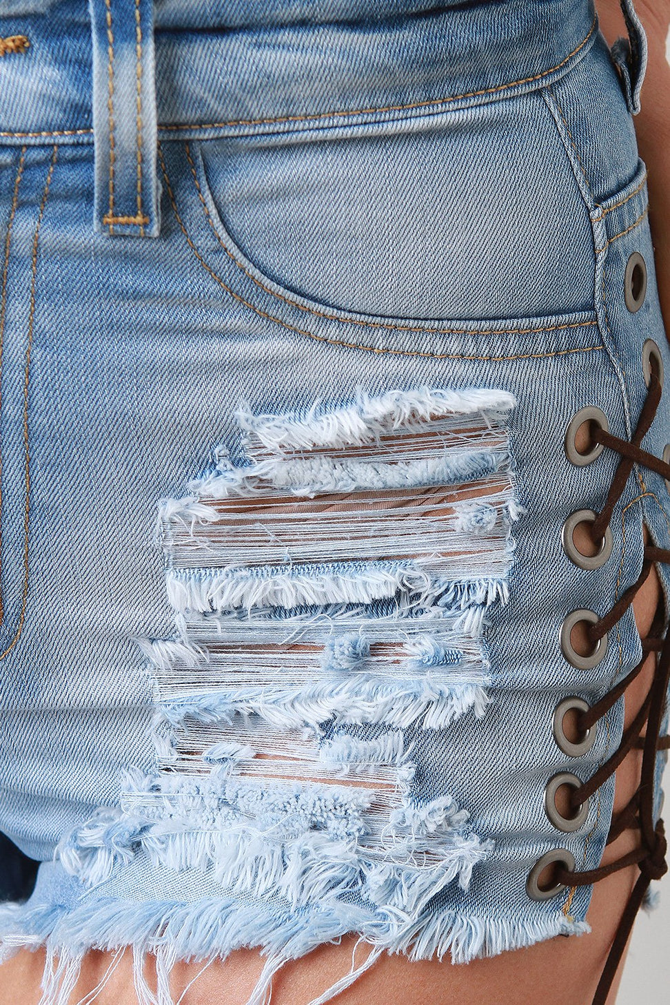 Distressed Lace-Up High Rise Frayed Denim Shorts - NoveltyOne