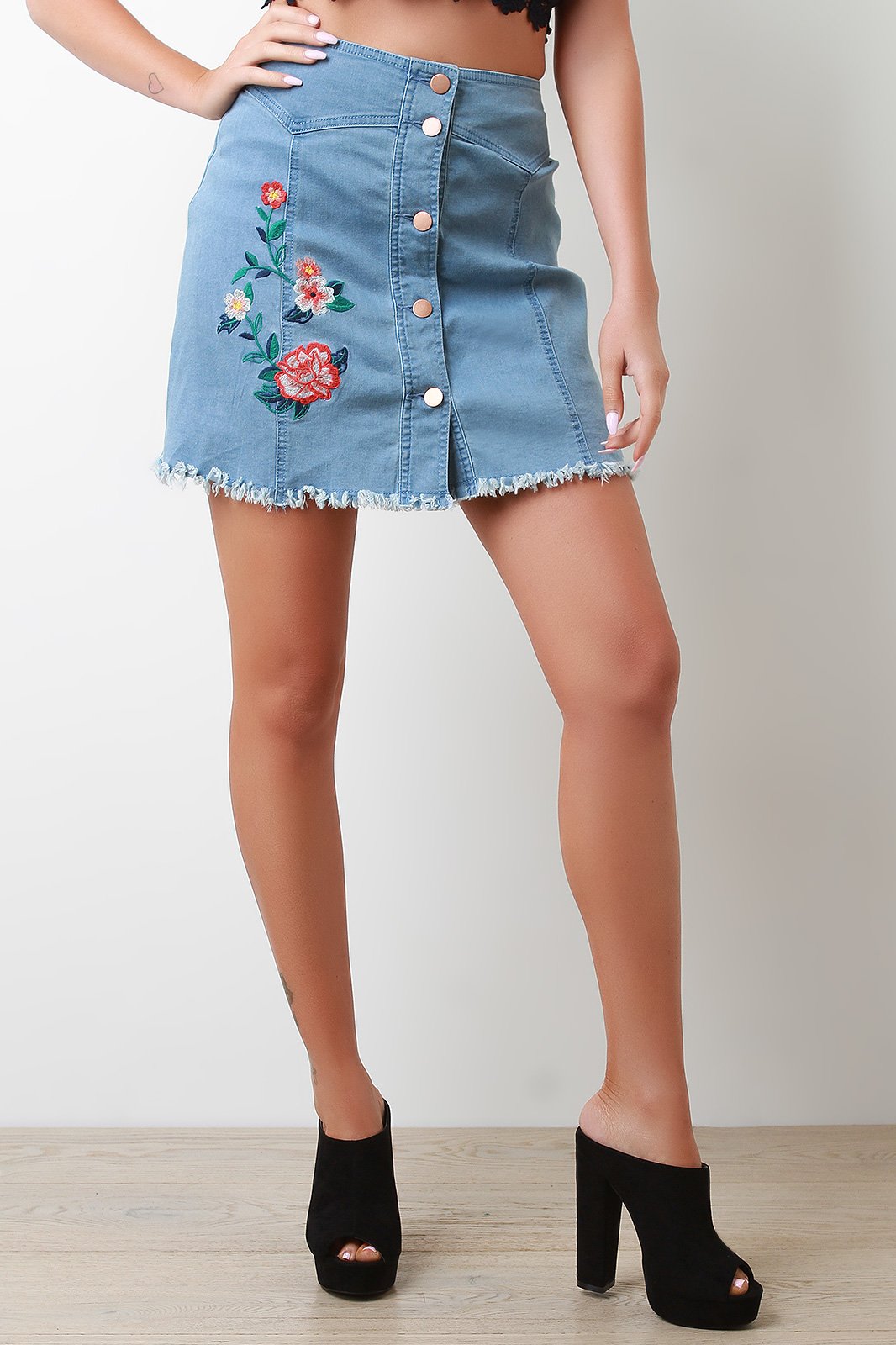 Floral Embroidery Denim High Waisted Mini Skirt - NoveltyOne