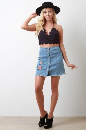 Floral Embroidery Denim High Waisted Mini Skirt - NoveltyOne
