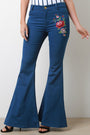Floral Embroidery Mid Rise Bell Bottoms Jeans - NoveltyOne
