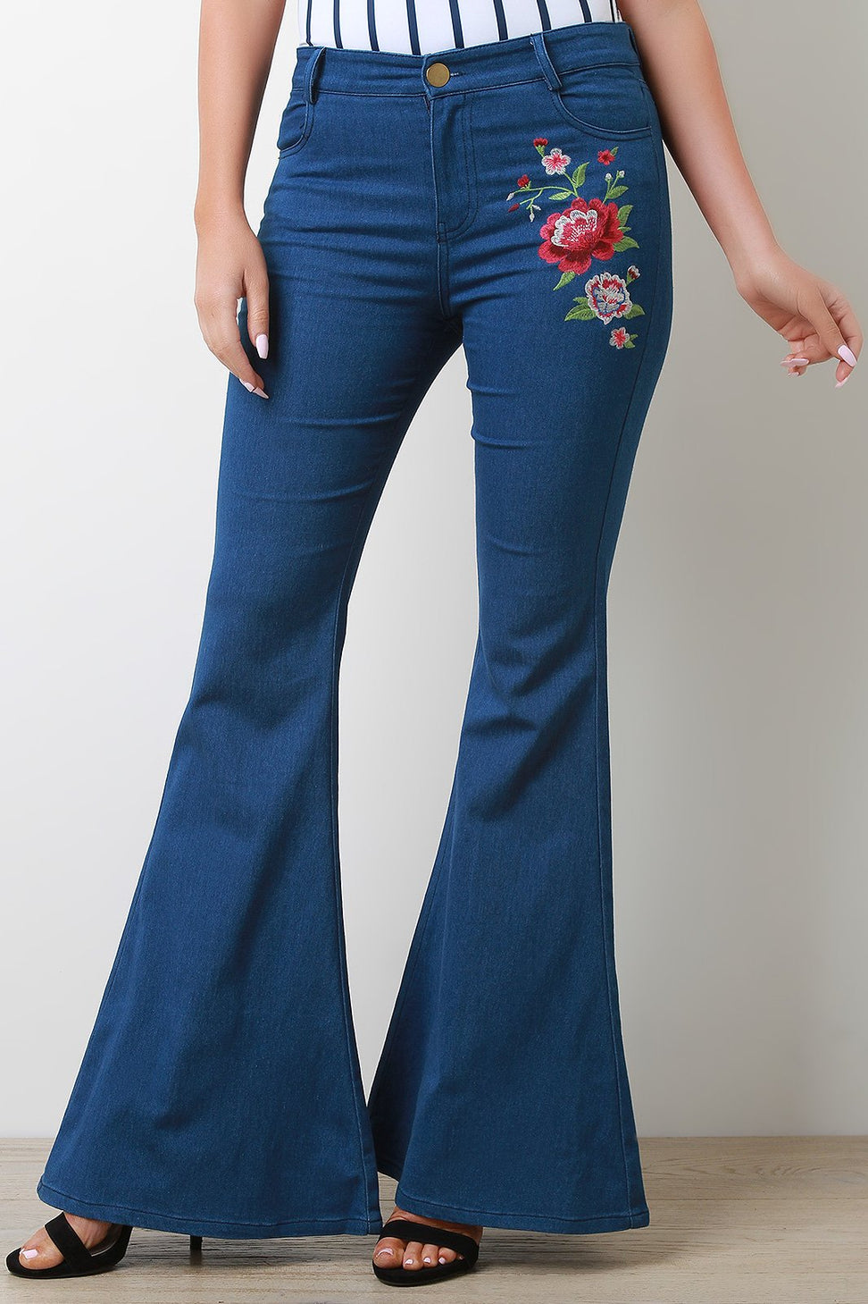 Floral Embroidery Mid Rise Bell Bottoms Jeans - NoveltyOne