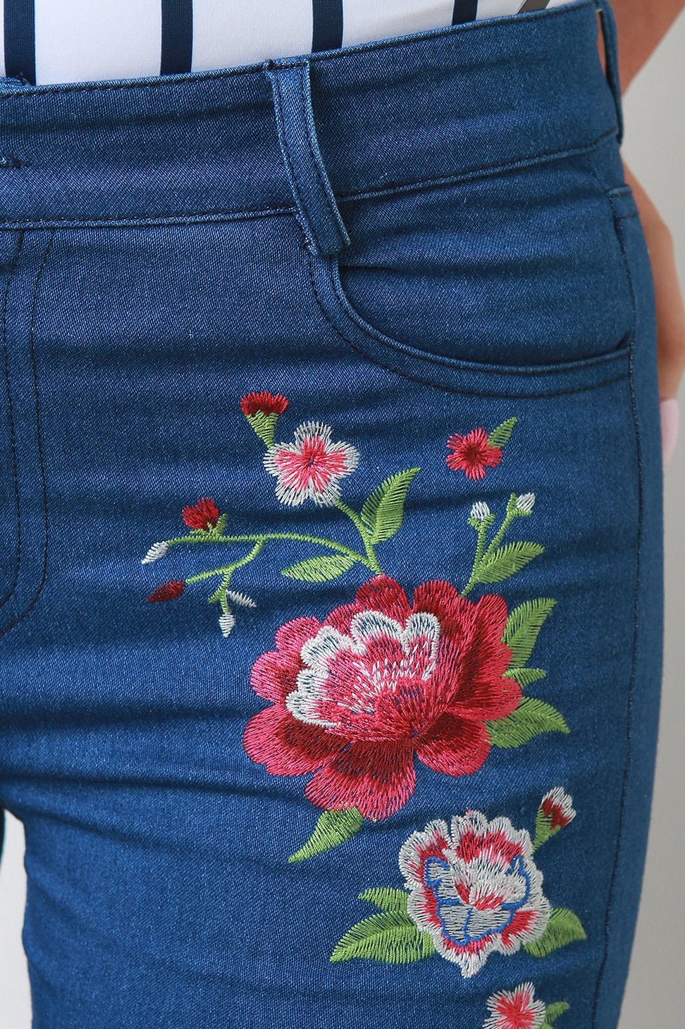 Floral Embroidery Mid Rise Bell Bottoms Jeans - NoveltyOne