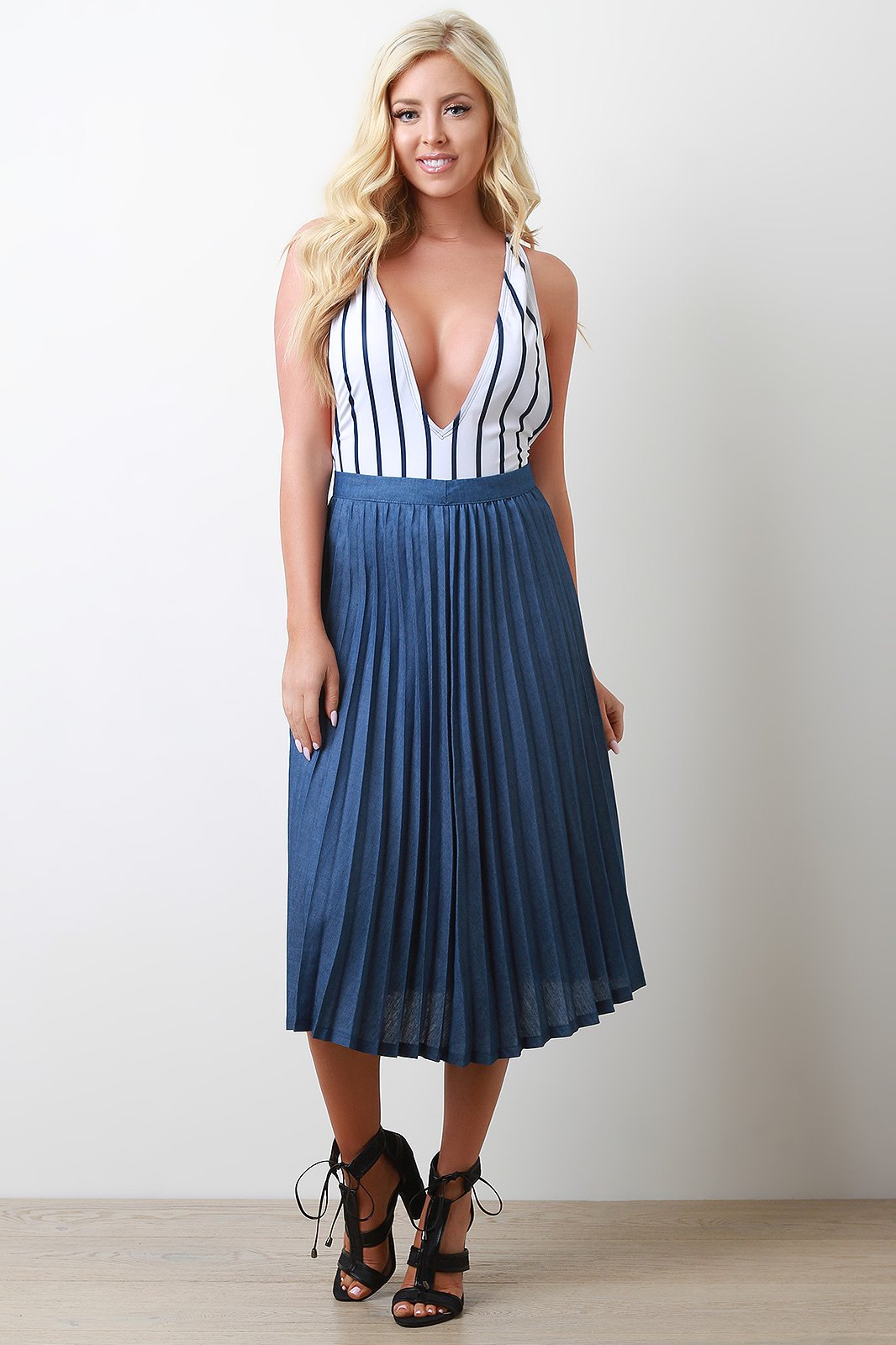 Denim Accordion Pleated High Waist Skirt