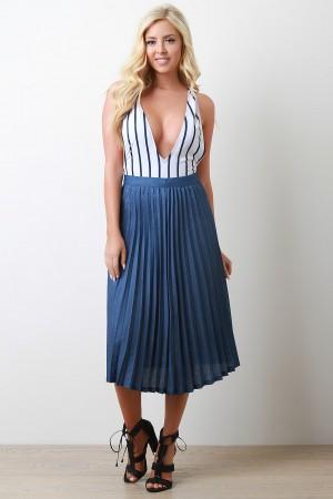 Denim Accordion Pleated High Waist Skirt