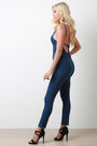Denim V-Neck Self-Tie Open Back Fitted Jumpsuit - NoveltyOne