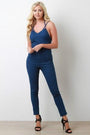 Denim V-Neck Self-Tie Open Back Fitted Jumpsuit - NoveltyOne