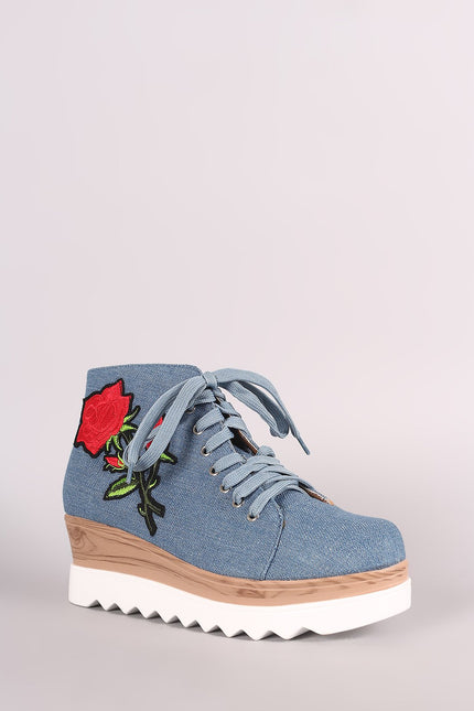 Denim Lug Sole Lace Up Platform Wedge