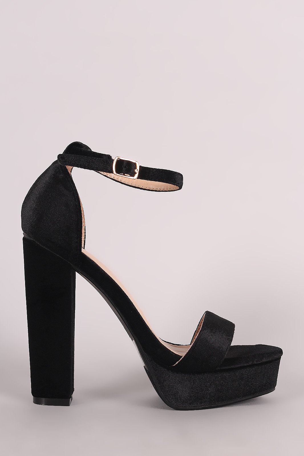 Velvet Open Toe Ankle Strap Chunky Platform Heel