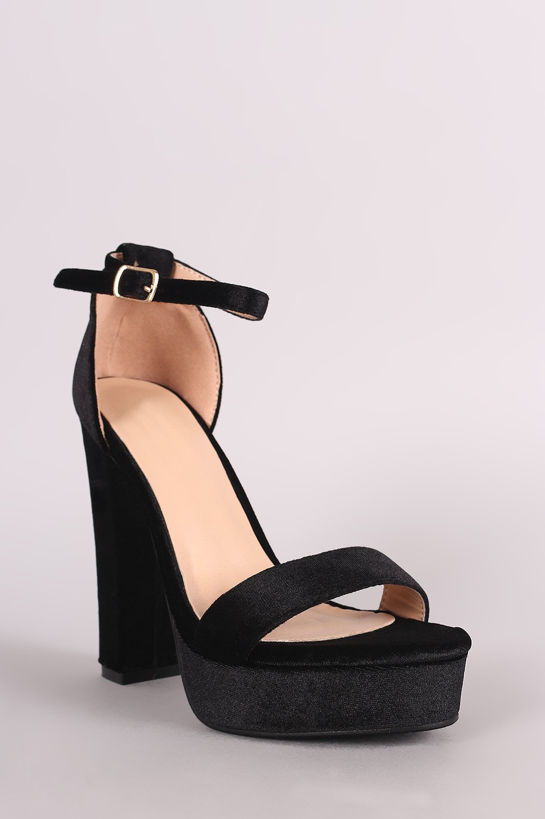 Velvet Open Toe Ankle Strap Chunky Platform Heel
