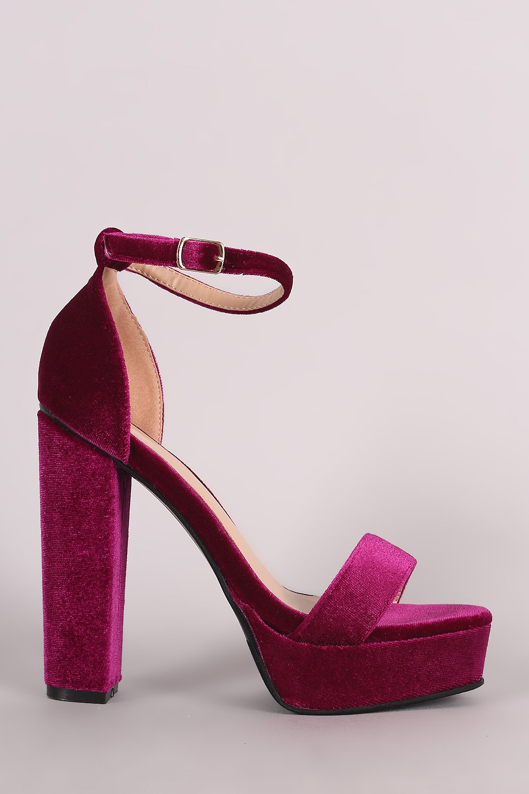 Velvet Open Toe Ankle Strap Chunky Platform Heel