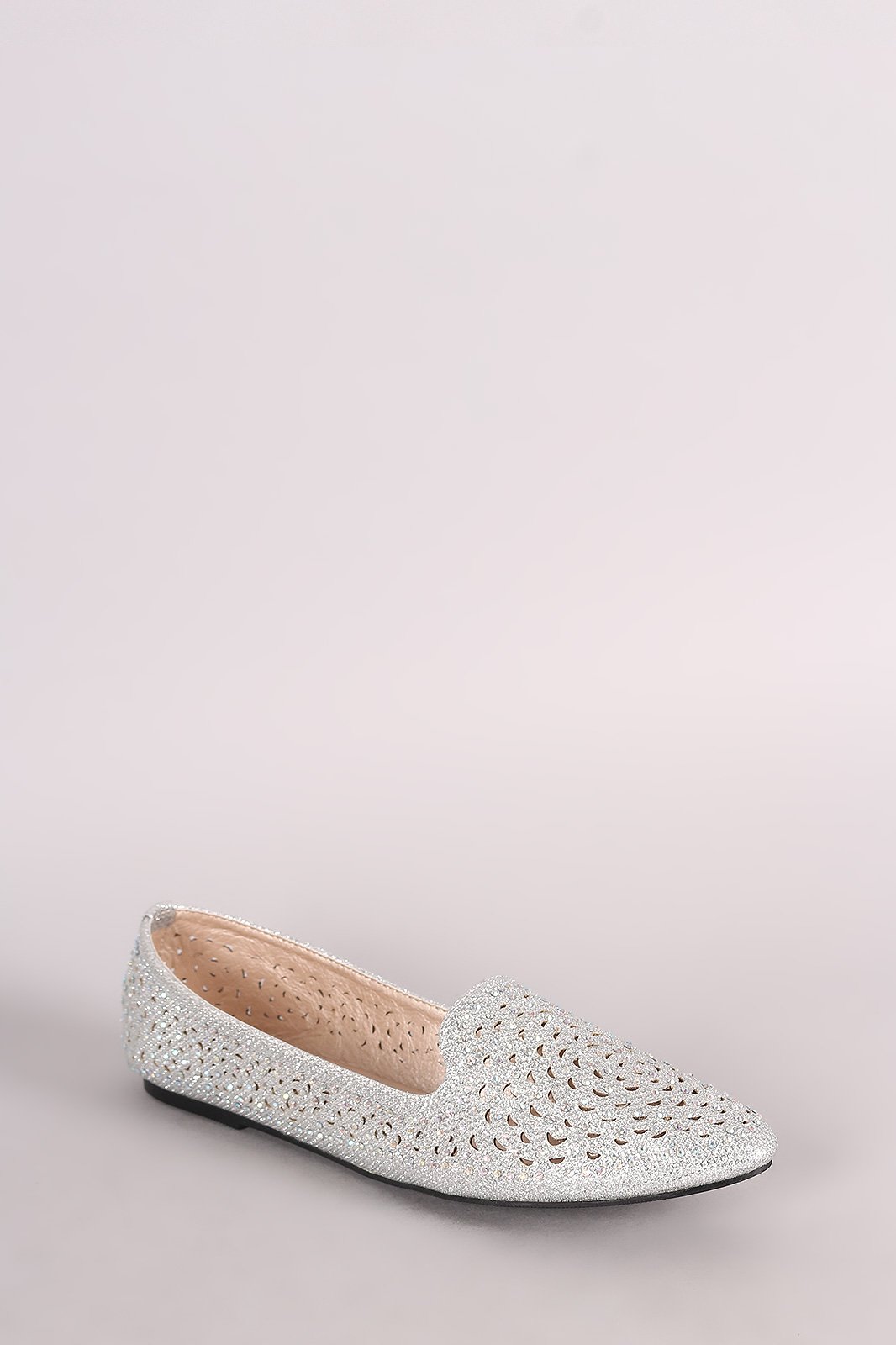 Glitter Rhinestone Embellished Perforated Pointy Toe Loafer Flat