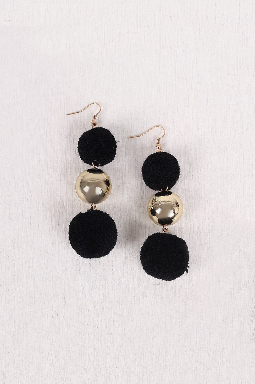 Triple Polished Ball And Pom Pom Dangle Earrings