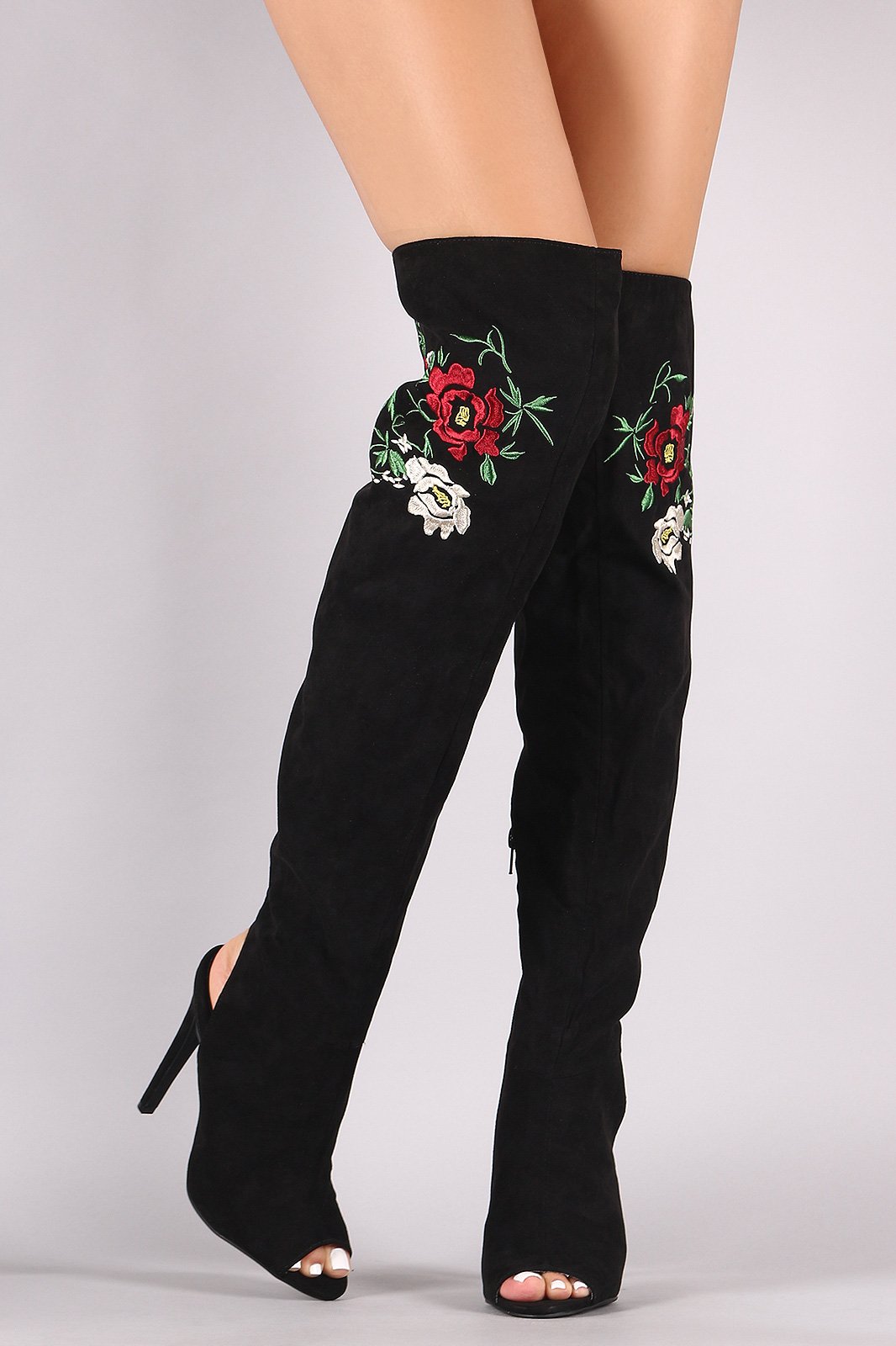 Qupid Embroidered Floral Suede Over-The-Knee Boots