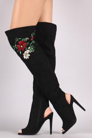 Qupid Embroidered Floral Suede Over-The-Knee Boots