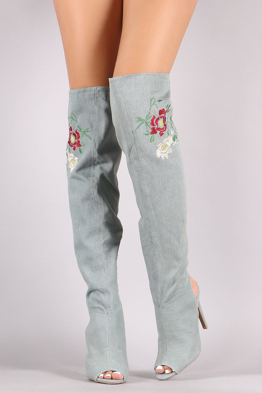 Qupid Embroidered Floral Denim Over-The-Knee Boots
