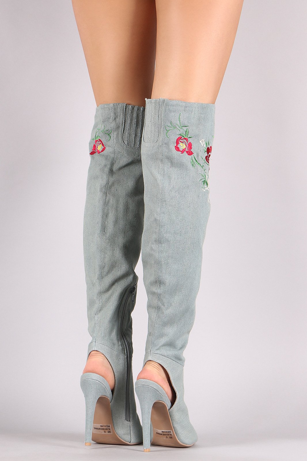 Qupid Embroidered Floral Denim Over-The-Knee Boots