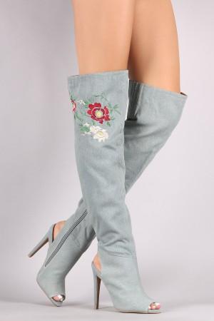 Qupid Embroidered Floral Denim Over-The-Knee Boots