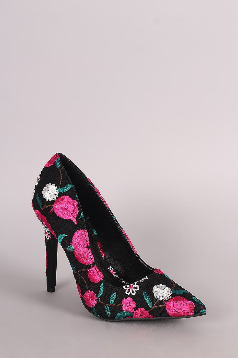 Qupid Embroidered Floral Pointy Toe Stiletto Pump