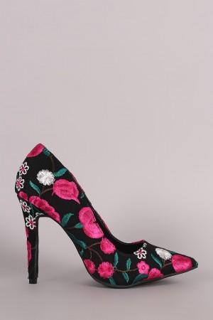 Qupid Embroidered Floral Pointy Toe Stiletto Pump