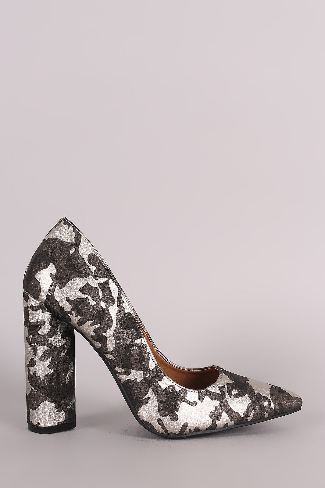 Qupid Camouflage Pointy Toe Chunky Heeled Pump