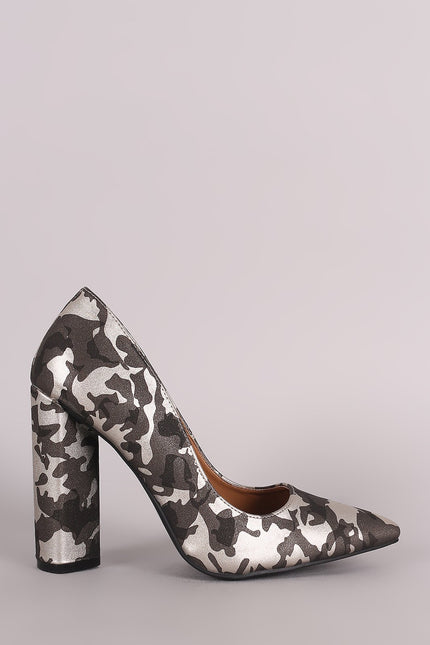 Qupid Camouflage Pointy Toe Chunky Heeled Pump