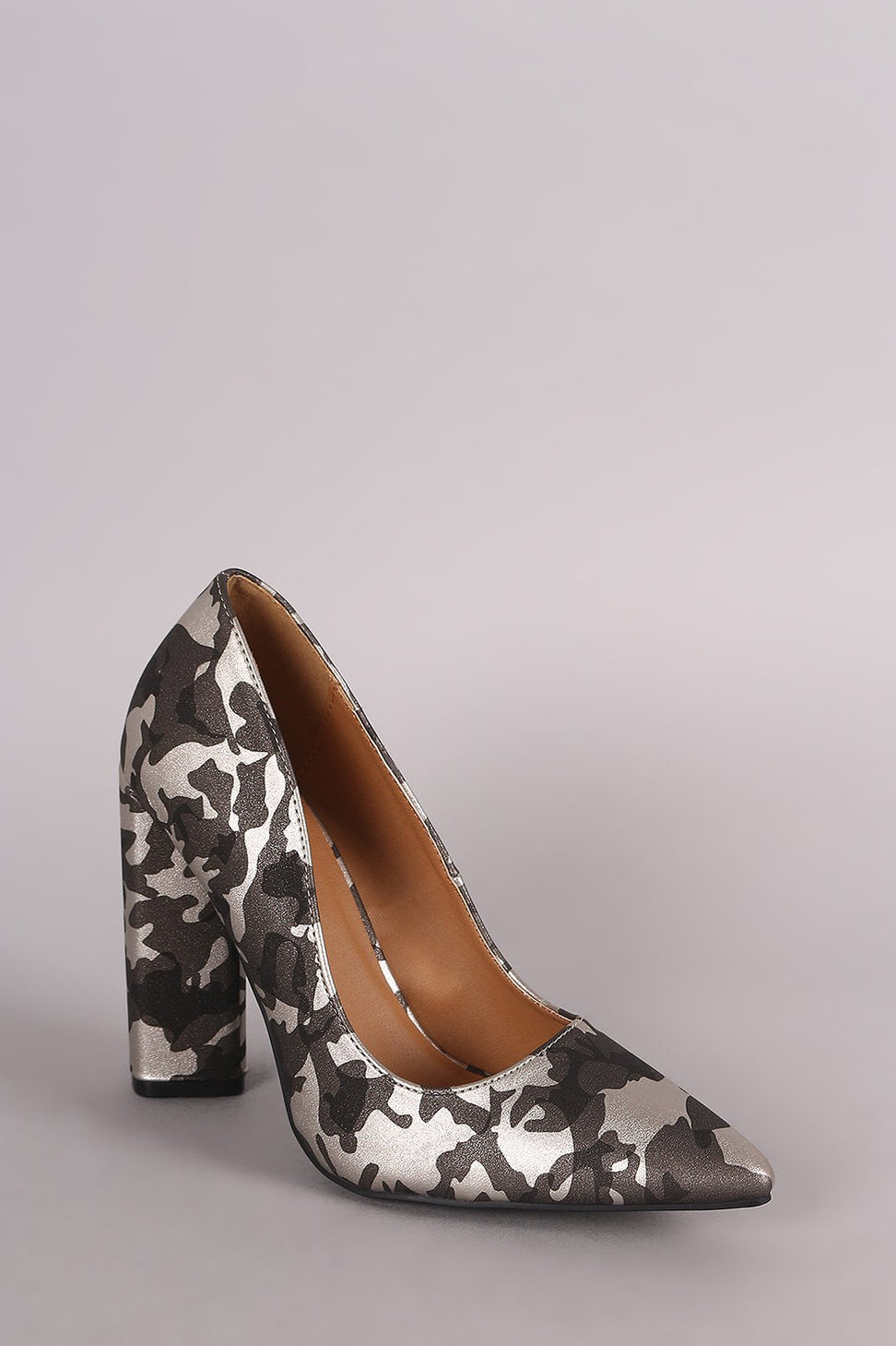 Qupid Camouflage Pointy Toe Chunky Heeled Pump