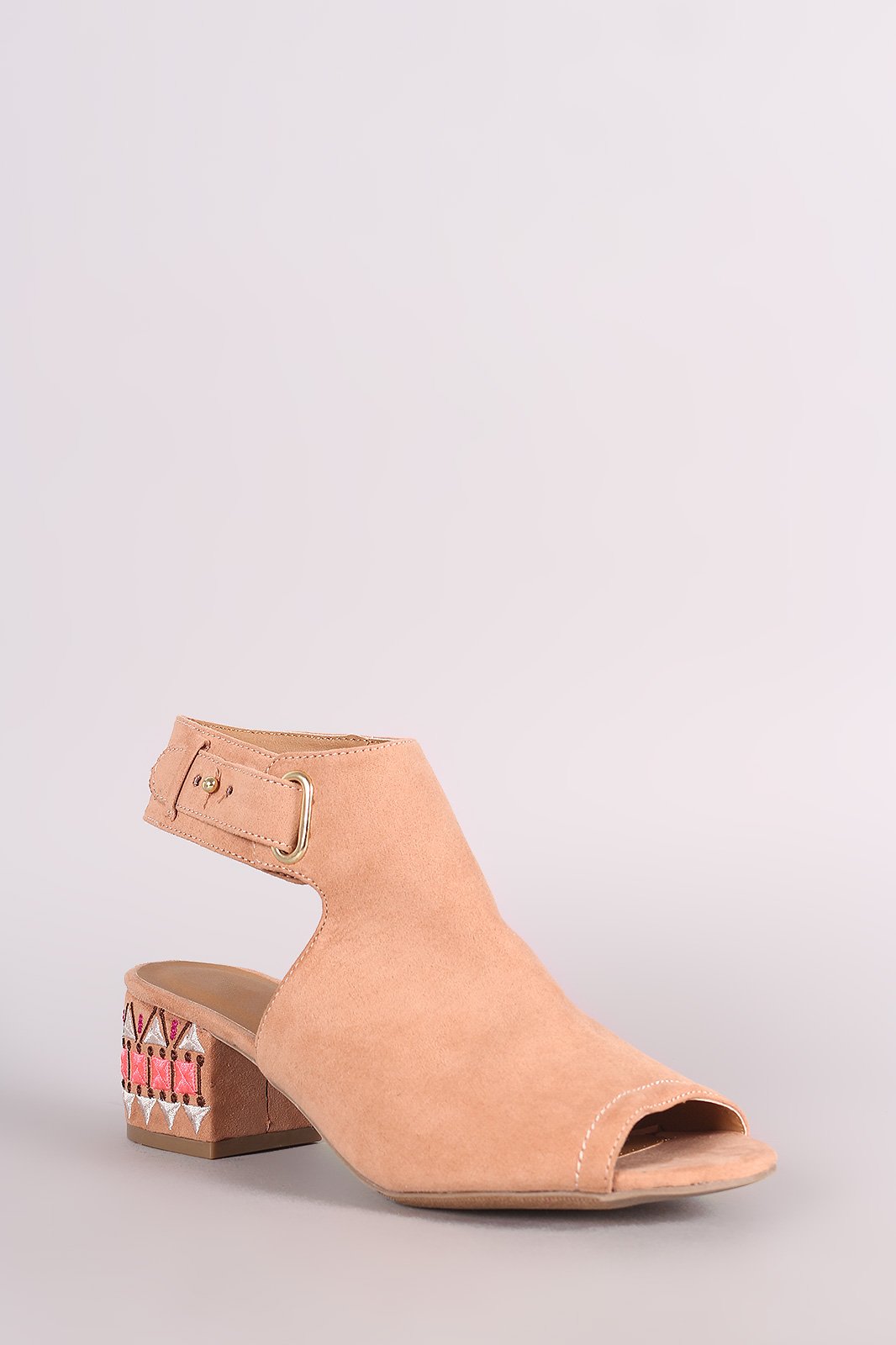 Qupid Suede Embroidery Mule Blocked Heel