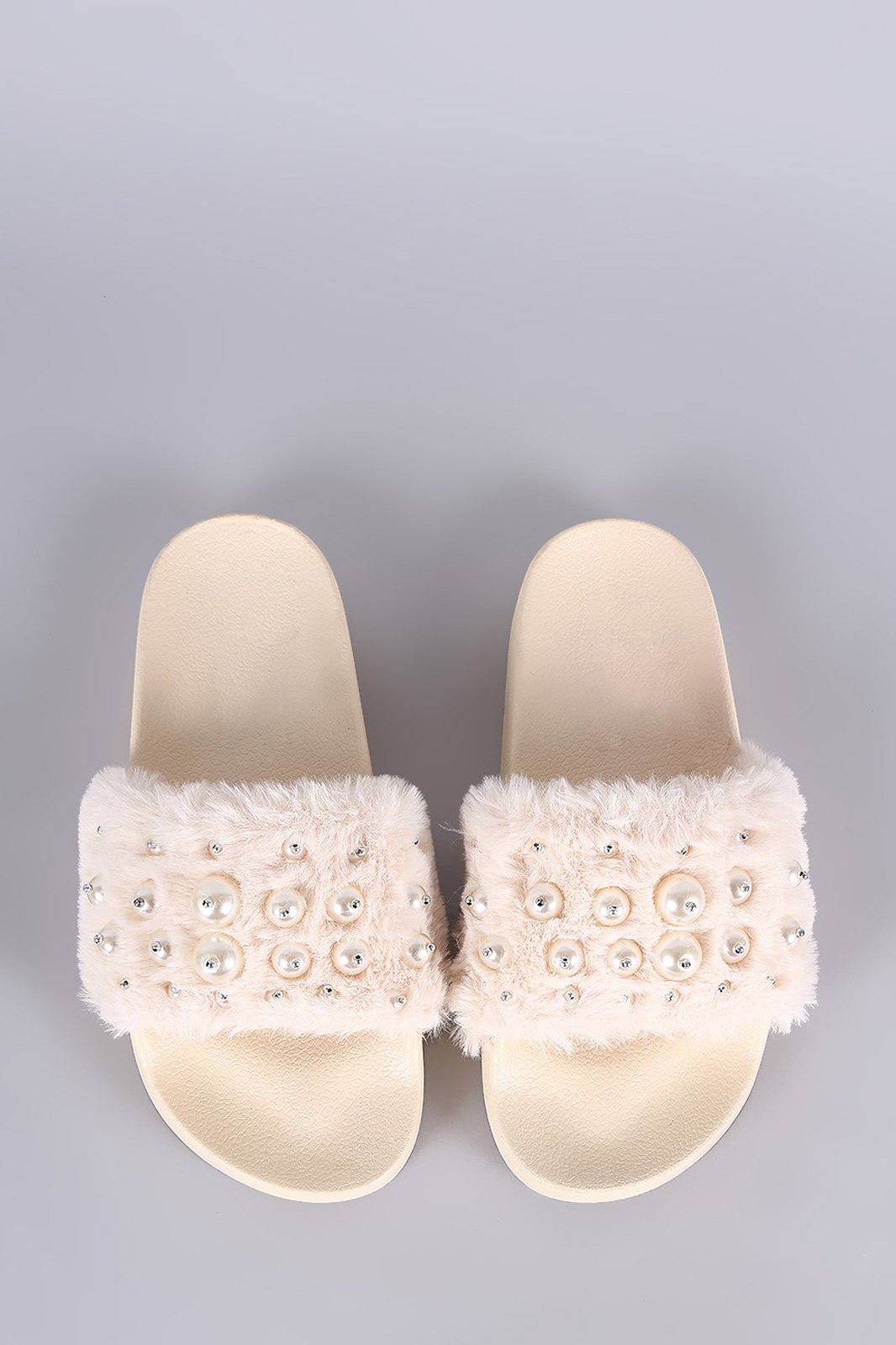 Beaded Pearl Embellished Faux Fur Slide Sandals