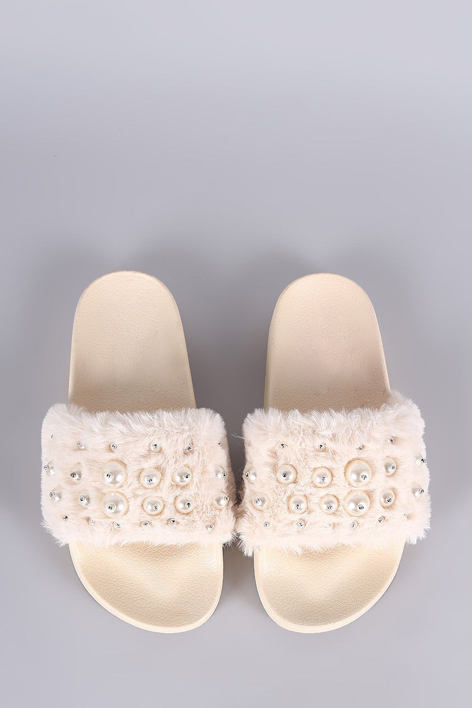 Beaded Pearl Embellished Faux Fur Slide Sandals