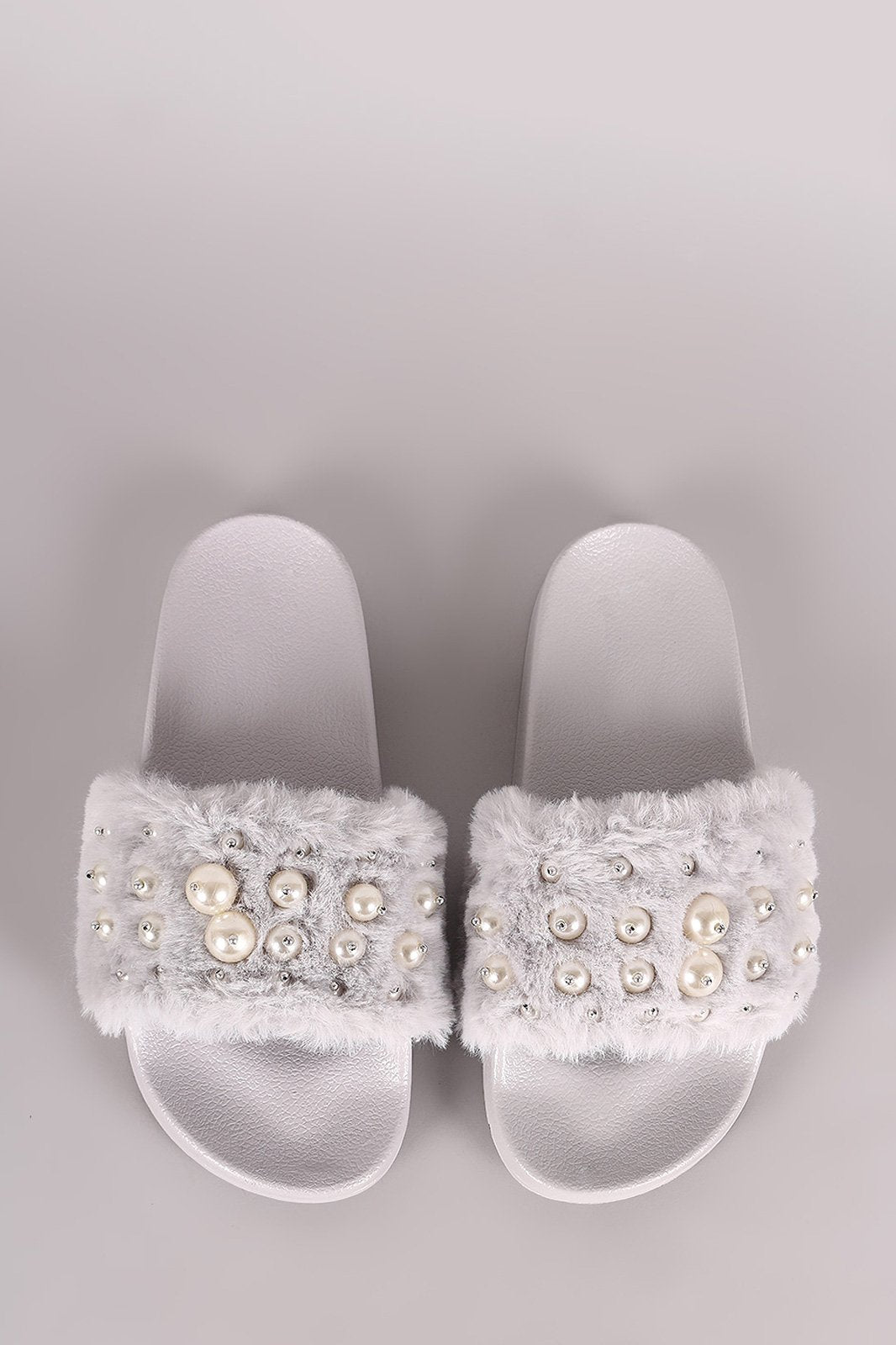 Beaded Pearl Embellished Faux Fur Slide Sandals