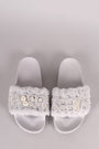 Beaded Pearl Embellished Faux Fur Slide Sandals
