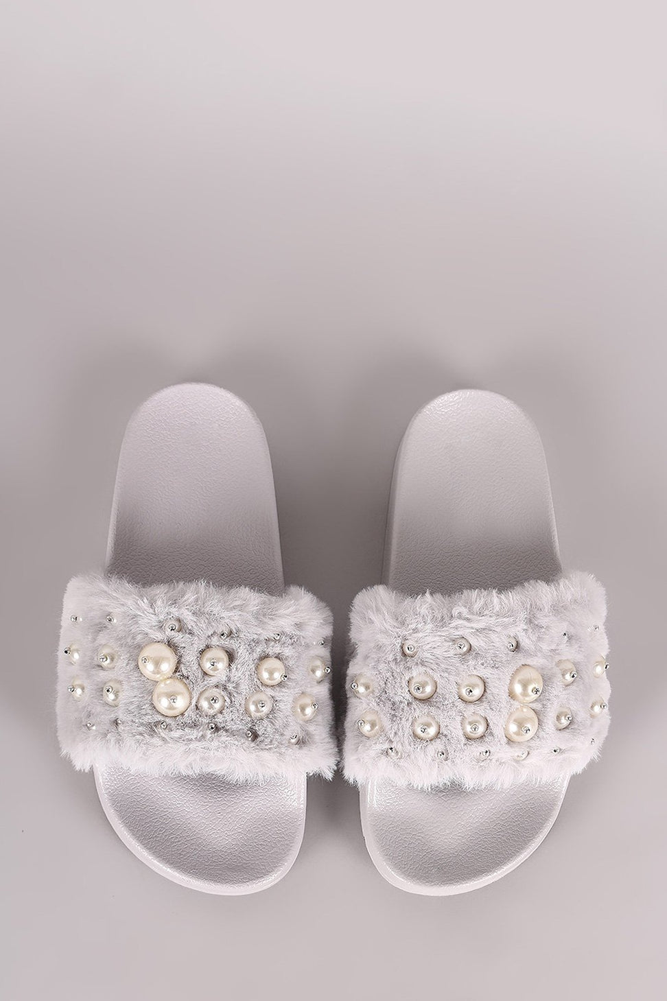 Beaded Pearl Embellished Faux Fur Slide Sandals