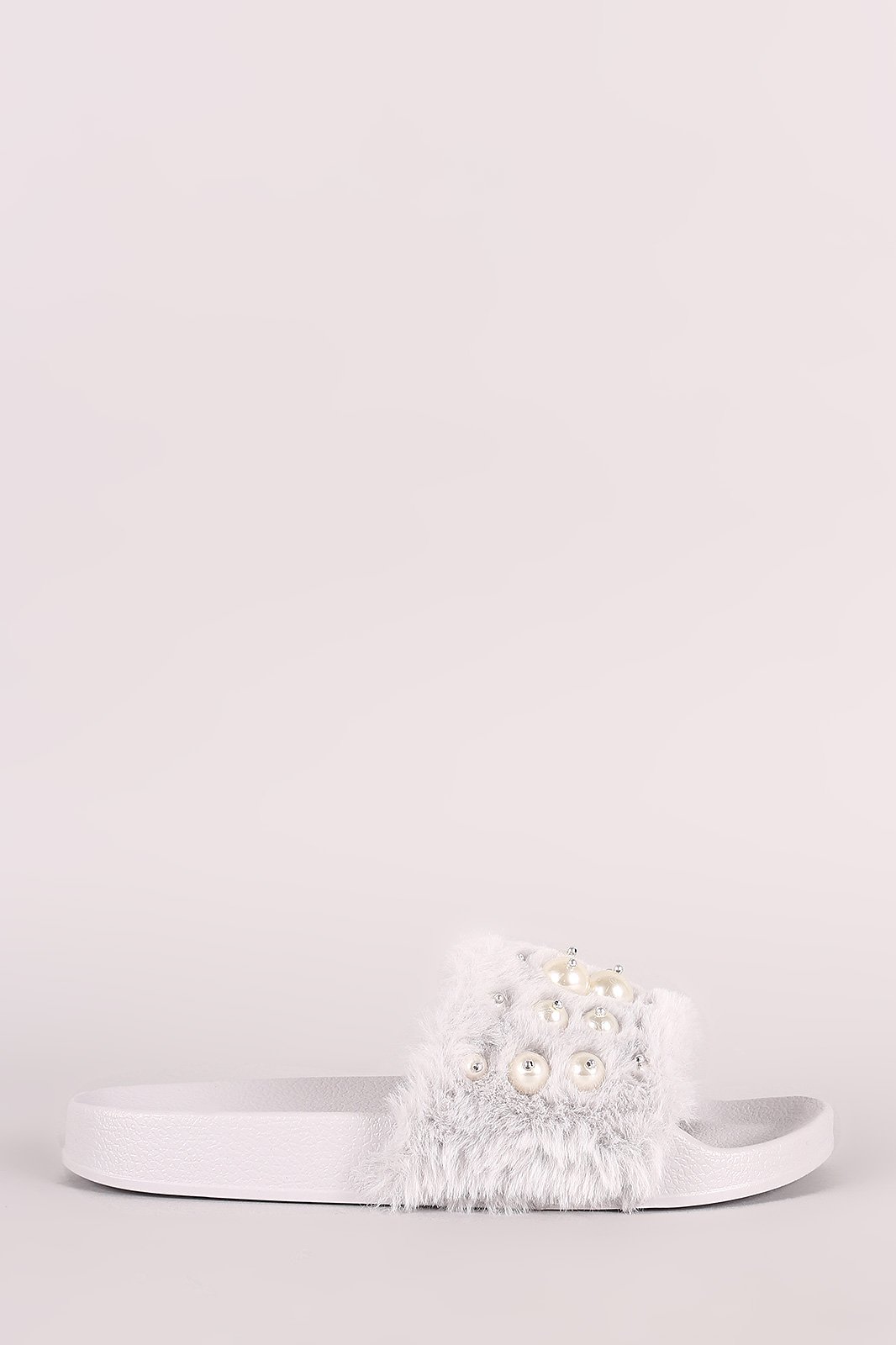 Beaded Pearl Embellished Faux Fur Slide Sandals