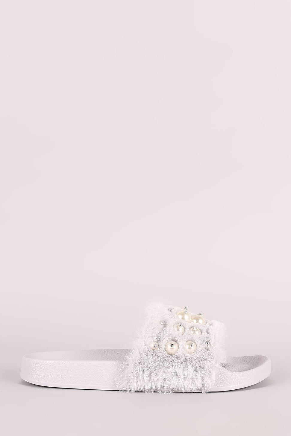 Beaded Pearl Embellished Faux Fur Slide Sandals