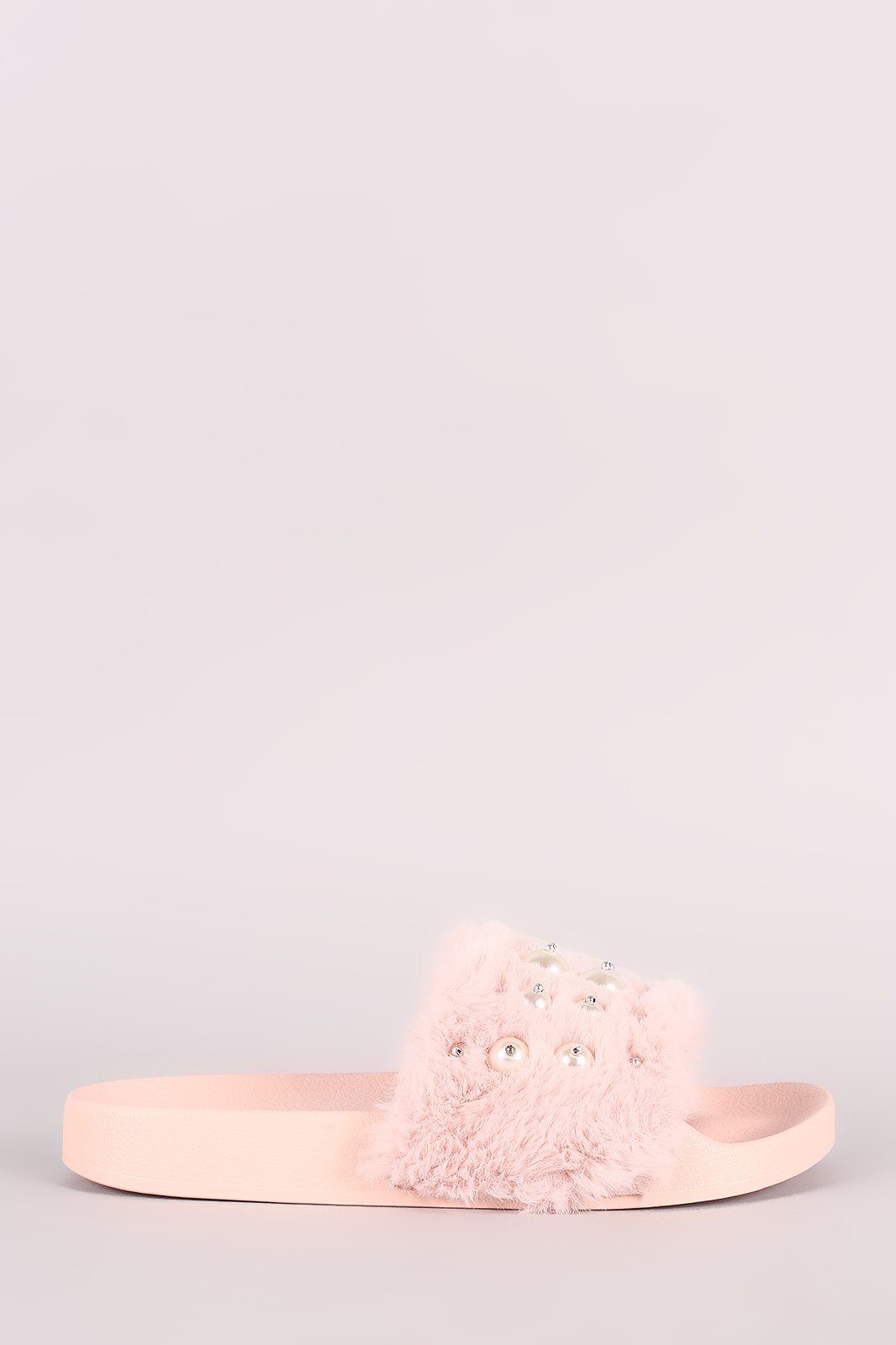 Beaded Pearl Embellished Faux Fur Slide Sandals
